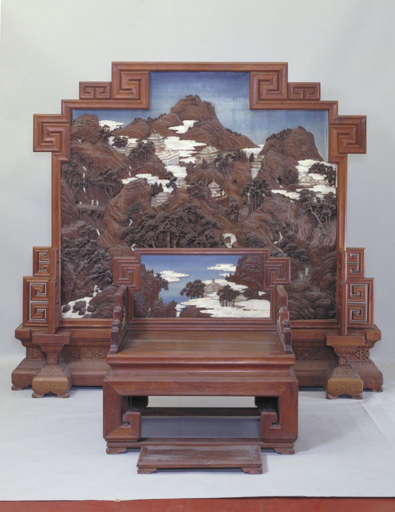 图片[1]-Yellow Pear Wood Inlaid Dyed Teeth Wood Carved Landscape Map Throne-China Archive